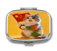 Colorful Cat and National Flag Pill Case 2 Compartment Small Pill Box Metal Portable Medicine Box Mini Medication Organizer Storage Travel Organizer for Pocket Purse
