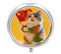 Colorful Cat and National Flag Round Pill Box with Mirror 3 Compartment Portable Pill Case for Travel Outdoor Use Cute Small Pill Organizer for Pocket Or Purse