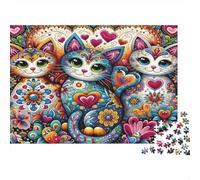 Colorful Cat Art 1000 Pieces Jigsaw Puzzles Engaging Home Decoration Patterned Cats with Hearts Jigsaw Puzzles Beautiful Decoration for Adults And Kids 38x26cm/1000pcs