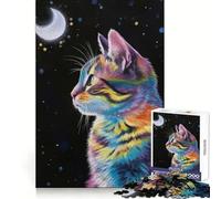 Colorful Cat Gazing at The Moon 1000 Pieces Puzzles for Adults Strong Logic Tight Connection Joyful Challenge Thoughtful Gift (38x52cm)