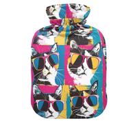 Colorful Cat Illustrations Pop Art Style Water Bottle for hot Water with Soft Cover, 1L Water Bags for Neck and Shoulder Pain Relief,Hand Feet Warmer,compresas calientes para el vientre