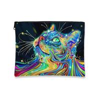 Colorful Cat Makeup Bag, Psychedelic Feline Cosmetic Travel Pouch for Women, Portable Small Canvas Zipper Organizer, Festival Gift Skincare Toiletry Bag, Colorful, 7x9 Inch, Cat