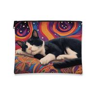 Colorful Cat Makeup Bag, Psychedelic Sleepy Kitty Cosmetic Travel Pouch for Women, Portable Small Canvas Zipper Organizer, Gift for Animal Lovers, Colorful, 7x9 Inch