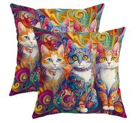 Colorful Cat Outdoor Pillow Covers, Vibrant Multicolor Fanciful Feline Waterproof Throw Pillows Case, Summer Animal Decor Cushion Covers for Patio Garden Sofa Bench Chair 18x18 Inch