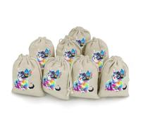 Colorful Cat with Butterfly Printed Cotton And Hemp Bunches Pocket Drawstring Pouch 8 Pieces Reusable Gift Bags