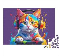 Colorful Cat with Headphones 1000pc DIY Jigsaw Puzzle for Young Adults Thick Cardboard Psychedelic Cat DJ Decor Home Decoration Wall Display Gift for Friends Decorative Jigsaw Puzzle 52x38cm/1000pcs