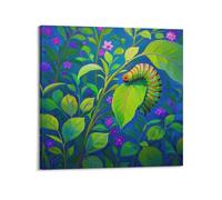 Colorful Caterpillar Hanging on Green Leaf Poster Modern Wall Art Canvas Aesthetic Decoration Painting 16x16inch(40x40cm) Frame-style