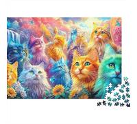 Colorful Cats Gather by A Stream in A Vibrant, Flowery Landscape 1000-Piece Jigsaw Puzzle Cute Cat for Adults & Kids Age 12+ - Challenging & Brainteasing Game 70x50cm/1000pcs