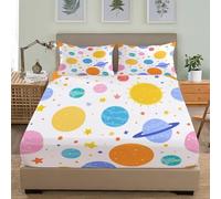 Colorful Celestial Planets Fitted Sheet King Size Bed Cartoon Style 3D Fitted Sheets Deep Pocket 12 inch 30 cm Bottom Sheet Ultra Soft Microfibre Bedding Set with 2 Pillowcases a.8206