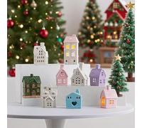 Colorful Ceramic Christmas Village Houses Set, Porcelain Christmas Village Figurines, Lighted Xmas Winter Villages Buildings House, Holiday Farmhouse Rustic Decor for Home Table Room