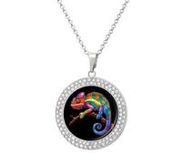 Colorful Chameleon LGBT Gay Multicolored Diamond Necklace Dainty Round Pendants Jewelry for Women Silver-style