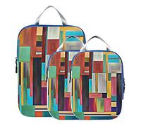 Colorful Checker Plaid Multicolored Stripes Abstract Wood Style Paint 3 Piece set Cubes Expandable Adjustable Luggage Packing Bags, Ultralight Organizer Accessories Travel Suitcase Compressible Bags