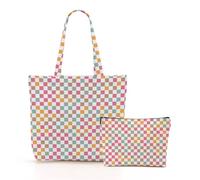 Colorful Checkered Canvas Tote Bag Shopping Bag Reusable Grocery Bags with Pocket Makeup Bag Set for Work Travel Vacation Aesthetic Gift for Women Girls Wife Birthday Christmas Wedding End Of The Year