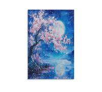 Colorful Cherry Blossoms Canvas Wall Art, Night Beautiful Plant Moonlight Painting Print on Textured Canvas, Wall Poster Artwork for Living Room Bedroom Office Decor Unframe 24x36inch(60x90cm)