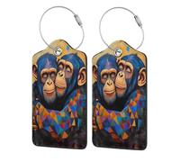 Colorful Chimpanzee Family Luggage Tags for Suitcases Travel Bag Tags Name Tag Personalized Leather Luggage Tag with Privacy Cover Label Card 2 Pcs