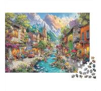 Colorful Chinese Street 1000 Piece Jigsaw Puzzle Bundle for Kids 8-12 Adults Thick Paper Mountain Stream Village Home Decoration Wall Display New Year Gift Brain Challenge Game 70x50cm/1000pcs