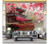 Colorful Chinese Style Wallpaper Wood Boat Cherry Blossoms River Themed Wallpaper for Living Room and Bedroom, Non-Woven Premium Art Print Fleece Wall Mural Decoration Poster Picture - 300 x 210 cm