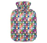 Colorful Christmas Icon Grid Pattern Hot-Water Bottle with Soft Cover, 1L Hotwater Bag for Neck and Shoulder Pain Relief