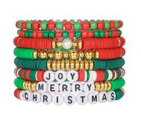 Colorful Christmas Resin Beaded Stretch Bracelets Set Handmade Multilayer Polymer Clay Gold Beaded Christmas Tree Santa Claus Elk Stackable Bracelet for Women Men Xmas Party Holiday Jewelry Gifts, M