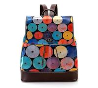 Colorful Circle Discs Women Laptop Backpack, PU Leather Daypack Fashion Rucksack Travel Shoulder Bag