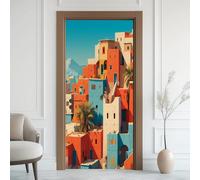 Colorful City Door Murals, Traditional Greek Houses Door Stickers Interior Wall Mural, Snow Mountain Palm Trees Wallpaper Self Adhesive Vinyl Door Decals, for Living Room Bedroom Decor, 90x200 cm