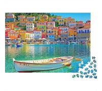 Colorful Coastal Village 1000Pc Jigsaw PuzzleCoastal Row House Waterfront View - Recycled Cardboard Decoration for Adults70x50cm/1000pcs