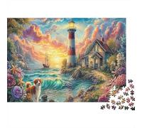 Colorful Coastal Village at Sunset 1000 Piece Jigsaw Puzzle for Men Lighthouse by Storm Sea Educational Decompression Game | Great Gift 38x26cm/1000pcs
