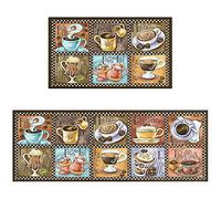 Colorful Coffee Kitchen Rugs and Mats Set of 2,Coffee Breaks Art Kitchen Decoration Non Slip Super Absorbent Kitchen Mat For Sink Waterproof Kitchen Rugs Runner For Laundry Room 17"x48"+17"x30"