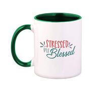 Colorful Coffee Mug Stressed but Blessed Mom Dad Parents Parenthood Family and Friends Mother Ceramic Tea Cup 11 Oz Green Inner Handle