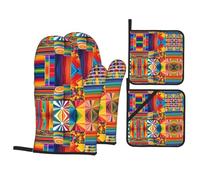 Colorful Collage Oven Mitts And Pot Holders Set â€“ Waterproof Polyester & Insulated Fabric, Heat-Resistant Gloves With Hanging Loops For Kitchen And Outdoor Use