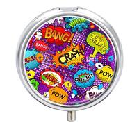 Colorful Comic Speech Bubbles Seamless Purple Iron Pill Box Case Organizer with Internal Separate Plastic Dividers, Travel Small Medicine Bag Holder Carrier Round Container