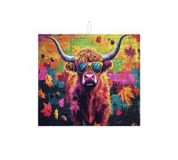 Colorful Cow Dish Drying Mats For Kitchen Counter, Artistic Highland Cattle Absorbent Mat, Fall Microfiber Drying Pad For Coffee Bar Protector 16x18 Inch