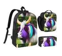 Colorful Cow'S Head 17 Inch Backpack Lunch Bag Pencil Case Set, Cute Print, Durable Oxford Cloth.