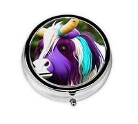 Colorful Cow's Head Metal Iron Electroplating, Round Pill Box, 2.0x2.0x0.7 inches, with 3 Plastic compartments
