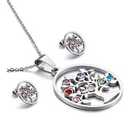Colorful Crystal Tree Of Life Stainless Steel Gold Silver Color Christma Earrings Necklace Sets For Women Girl Choker Party