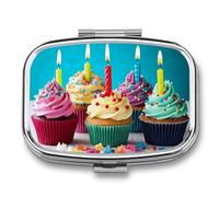 Colorful Cupcakes Pill Box 2 Compartments Portable Travel Pill Case Mini Medicine Organizer for Pocket Purse Metal Waterproof Medicine Container Holder Vitamin Fish Oil