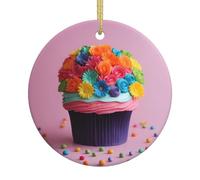 Colorful Cupcakes Rainbow Flower Cake Print Christmas Tree Hanging Ornament,Ceramic decor,Round Porcelain Pendant Xmas