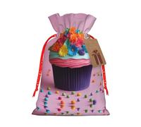 Colorful Cupcakes Rainbow Flower Cake Print Festive Red Drawstring Bag, Small Favors Pouch Ideal For Christmas Party Gifting-S Size