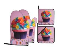 Colorful Cupcakes Rainbow Flower Cake Print Oven Mitts And Pot Holders Set. Non Slip Cooking Gloves For Baking Grilling