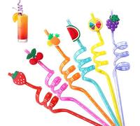 Colorful Curly Plastic Straws - 6 Pack Fun Fruit Party Reusable Drinking Straws for Kids' Parties Family Gatherings and More