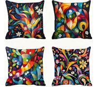 Colorful Cushion Covers 60 x 60 Abstract Pillow Cases Linen Sofa Cushions Square Pillows 4 Pack Outdoor Garden Cushion With Invisible Zipper Pillow Protectors, for Bedroom Autumn Decorative E - 514