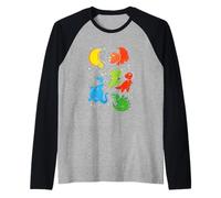 Colorful Cute Dinosaur Astronauts in Outer Space Raglan Baseball Tee