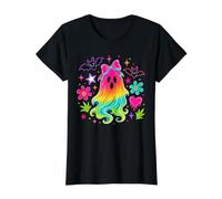 Colorful Cute Ghost Bow Bats Flowers Halloween Value Graphic T-Shirt, Women, Black, M