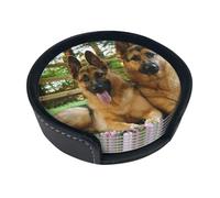 Colorful Cute Pet German Shepherd Dog,Set of 6 Round Coasters, Pu Leather Drinks Coasters with Holder for Home Office Kitchen