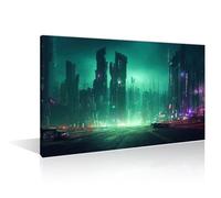 Colorful Cyberpunk Metaverse City Wall Art - Modern Home Decor for Living Room, Bedroom - Framed, Ready to Hang, 24"W x 36"H