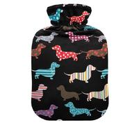 Colorful Dachshund Dog Black Hot Water Bottle with Soft Velvet Cover Hot Water Bag for Menstrual Cramps Small