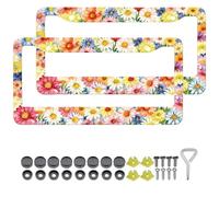 Colorful Daisy Flower License Plate Frame - 2 Pack Floral License Plate Frames Holder Covers for Women, Aluminum Metal Rust-Proof Waterproof Car Decorative Tag Frames with 2 Holes and Screws