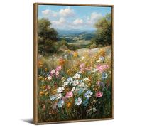 Colorful Daisy Framed Canvas Wall Art Farmhouse Decor Rustic Wildflower Paintings Prints Nature Green Forest Floral Field Wall Pictures Spring Village Scene Posters Artwork Bedroom Decorations 12x16"