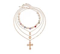 Colorful Daisy Pearl Choker Necklace - Rainbow Rhinestone Flower Faux Pearl Choker Layered Heart Choker Cross Pendant Statement Necklaces Elegant Old Money Jewelry for Women, choker, Alloy Steel