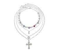 Colorful Daisy Pearl Choker Necklace - Rainbow Rhinestone Flower Faux Pearl Choker Layered Heart Choker Cross Pendant Statement Necklaces Elegant Old Money Jewelry for Women (Heart Cross Silver)